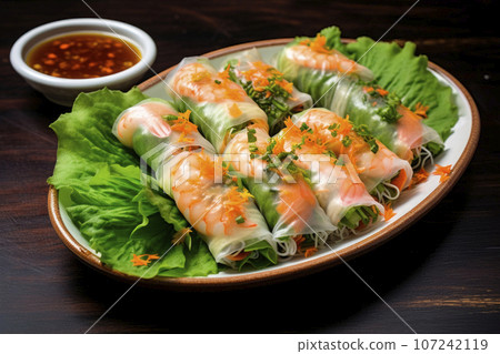 vietnamese spring rolls with sauce on wooden table 107242119