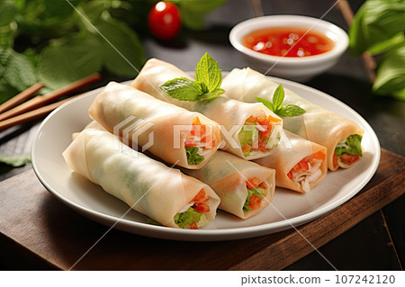 vietnamese spring rolls with sauce on wooden table vietnamese spring rolls with sauce on wooden table 107242120