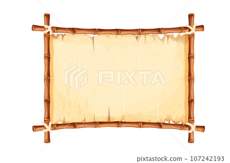 Bamboo frame with old parchment paper decorated with rope in cartoon style isolated on white background. Game ui board, sign 107242193
