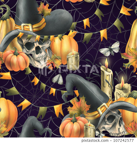Human skulls in a black witch hat, orange pumpkins, cobwebs, candles and autumn maple leaves. Hand drawn watercolor illustration for Halloween. Seamless pattern on a dark purple background Human skulls in a black witch hat, orange pumpkins, cobwebs, candles and autumn maple leaves. Hand drawn watercolor illustration for Halloween. Seamless pattern on a dark purple background 107242577