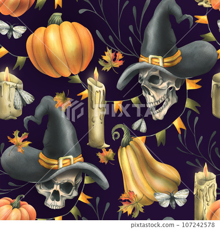 Human skulls in a black witch hat, orange pumpkins, candles and autumn maple leaves. Hand drawn watercolor illustration for Halloween. Seamless pattern on a dark purple background 107242578