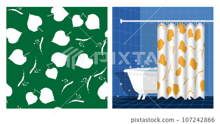 Bathroom interior with bathtub and curtain decorated black silhouettes of linden leaves seamless pattern. Leaves of linden tree. Vector illustration, ornament for design of posters, printing on fabric Bathroom interior with bathtub and curtain decorated black silhouettes of linden leaves seamless pattern. Leaves of linden tree. Vector illustration, ornament for design of posters, printing on fabric 107242866
