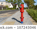 Single red fire hydrant standing on city street 107243046