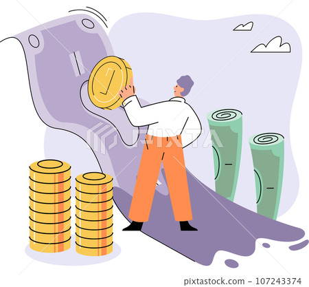 Businessman holding coins and bills standing at... - Stock Illustration ...