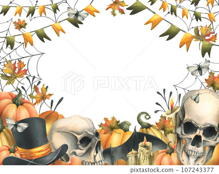 Human skulls with black witch hat, orange pumpkins, cobwebs, candles and autumn maple leaves. Hand drawn watercolor illustration for Halloween. Frame, template on a white background Human skulls with black witch hat, orange pumpkins, cobwebs, candles and autumn maple leaves. Hand drawn watercolor illustration for Halloween. Frame, template on a white background 107243377