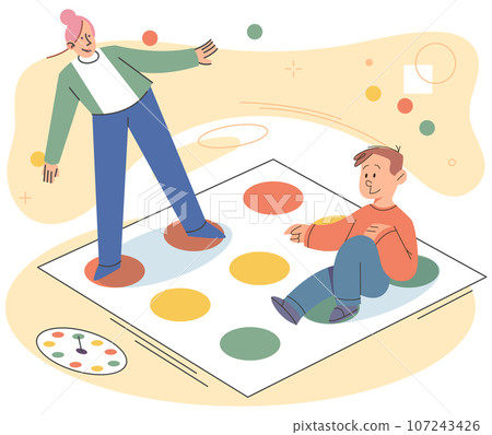 Mother and son playing twister at floor, people spend time together, parent and kid playing indoor game. Happy mom and son, home activity, people have fun. Friends company joyful time inside Mother and son playing twister at floor, people spend time together, parent and kid playing indoor game. Happy mom and son, home activity, people have fun. Friends company joyful time inside 107243426
