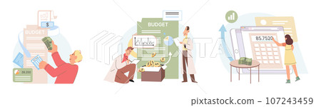 People analysis budget. Calculate financial plan of save income and expense management. Retirement investments, pension fund. Putting coins in purse, income increase planning metaphor. Teamwork 107243459