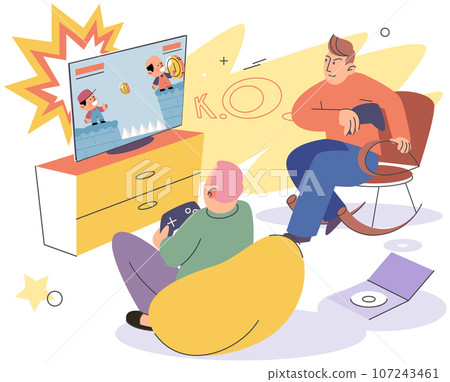 Family playing video game together in living room. Smiling parent with kid holding joysticks. Father and son spending time together. Game party at home, family fun. Weekend time, leisure, gaming hobby 107243461