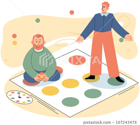 Father and son playing twister at floor, people spend time together, parent and kid playing indoor game. Happy dad and son, home activity, people have fun. Friends company joyful time inside Father and son playing twister at floor, people spend time together, parent and kid playing indoor game. Happy dad and son, home activity, people have fun. Friends company joyful time inside 107243478