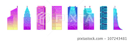 Neon pixel hight buildings set. Pixelated city landscape neon futuristic skyscrapers for game. 2d pixel video game development, mobile app. Modern constructions, city architecture exterior elements 107243481