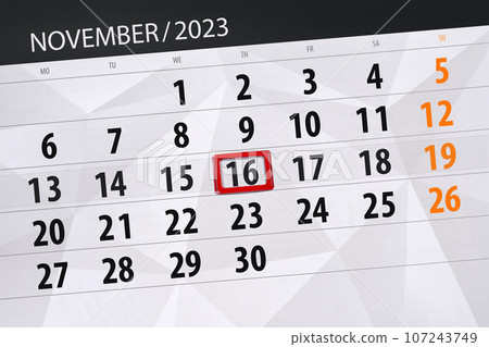 Calendar 2023, deadline, day, month, page, organizer, date, November, thursday, number 16 107243749