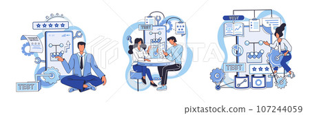 Application testing metaphor. Vector illustration. Application testing, refining process for well-oiled software mechanism App test, mock drill that prepares app for real-world scenarios Software Application testing metaphor. Vector illustration. Application testing, refining process for well-oiled software mechanism App test, mock drill that prepares app for real-world scenarios Software 107244059