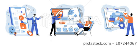 Application testing metaphor. Vector illustration. Software testing, cleaner that sweeps potential bugs off software floor Application testing, safety check ensuring glitch-free user experiences Application testing metaphor. Vector illustration. Software testing, cleaner that sweeps potential bugs off software floor Application testing, safety check ensuring glitch-free user experiences 107244067