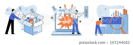 Promotion discount sale. Vector illustration. Flash sale online, sprint in marathon of e-commerce Sales index, seismograph detecting market shifts Forecast of future sales, oracle revealing business 107244082