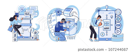 Application testing metaphor. Vector illustration. Software testing, filter that keeps malfunctioning code from entering system Application testing, checkpoint for ensuring user-friendly software Application testing metaphor. Vector illustration. Software testing, filter that keeps malfunctioning code from entering system Application testing, checkpoint for ensuring user-friendly software 107244087