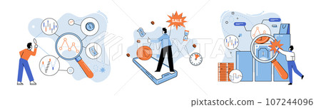 Promotion discount sale. Vector illustration. Sales index, pulse-check of commercial health Forecast of future sales, magic wand shaping business strategies Flash sale online, gold mine in terrain 107244096