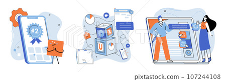 Bes application metaphor. Vector illustration. Application score, scoring system that validates effectiveness of application Best application, software paragon setting benchmark in design 107244108