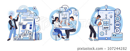 Application testing metaphor. Vector illustration. Software testing, defensive line safeguarding from unexpected breakdowns Application testing, crucible where coding errors are uncovered 107244282