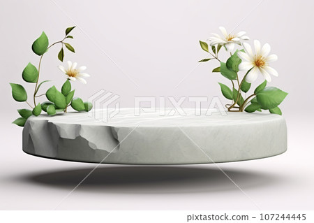 Green Nature Podium with White Flower and Stone Frame. Minimal 3D Display for Beauty Green Nature Podium with White Flower and Stone Frame. Minimal 3D Display for Beauty 107244445