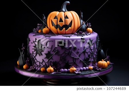 halloween cake with pumpkin shape, purple and black background halloween cake with pumpkin shape, purple and black background 107244689