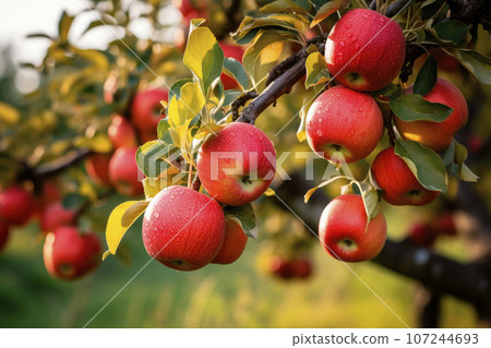Organic red apple hanging from a tree branch in an orchard background. Copy space Organic red apple hanging from a tree branch in an orchard background. Copy space 107244693