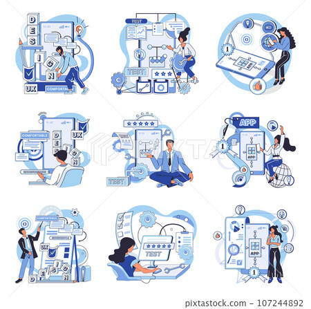 Application testing metaphor. Vector illustration. App test, test drive before app is out for spin in market Software testing, inspection officer ensuring coding standards are met Application testing 107244892