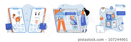 Application testing metaphor. Vector illustration. Software testing, debugging process that enhances code quality Application testing, safety measure ensuring softwares seamless functioning App test Application testing metaphor. Vector illustration. Software testing, debugging process that enhances code quality Application testing, safety measure ensuring softwares seamless functioning App test 107244901