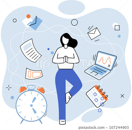 Person using laptop surrounded by business icons, work with digital technology, remote office. Businessman or freelancer with computer, distant communication with colleagues, remote online interaction Person using laptop surrounded by business icons, work with digital technology, remote office. Businessman or freelancer with computer, distant communication with colleagues, remote online interaction 107244903