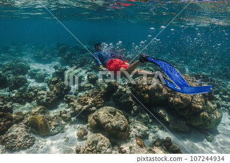 attractive young man snorkels in the ocean and observes the coral world, free diver in the sea, coral reefs in the Maldives attractive young man snorkels in the ocean and observes the coral world, free diver in the sea, coral reefs in the Maldives 107244934