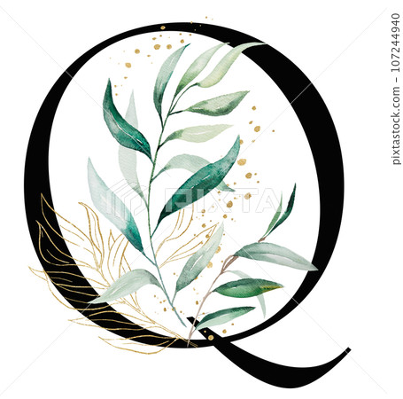 Black letter Q with green a watercolor leaves, isolated wedding illustration, Alphabet Element 107244940
