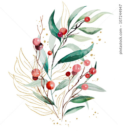 Christmas bouquet with watercolor twigs with green leaves and red berries. Holidays Illustration 107244947