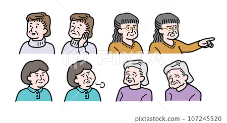 Collection of negative and positive facial expressions of various senior women and elderly women 107245520