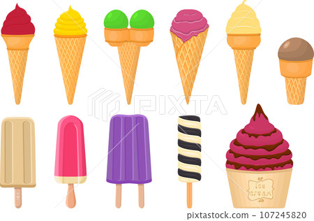 big kit ice cream popsicle different types in cone waffle cup 107245820