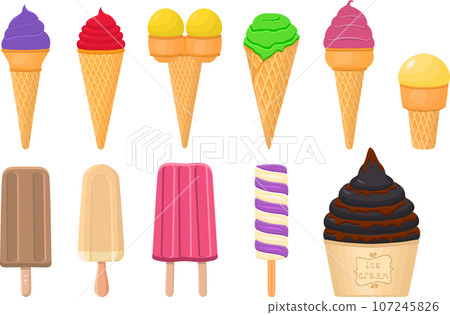 big kit ice cream popsicle different types in cone waffle cup 107245826