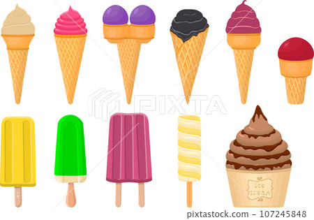 big kit ice cream popsicle different types in cone waffle cup 107245848