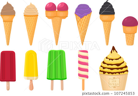big kit ice cream popsicle different types in cone waffle cup 107245853