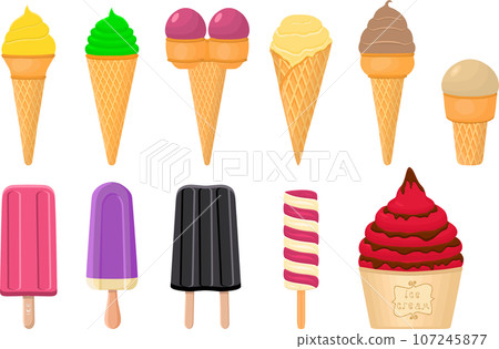big kit ice cream popsicle different types in cone waffle cup 107245877
