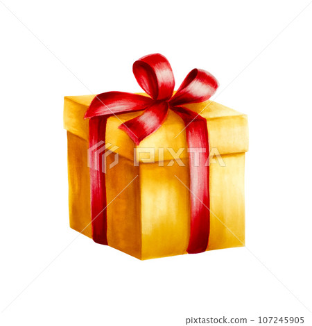 Watercolor christmas gift illustration. New year gold present box with red box isolated on white background. For designers, decoration, shop, for postcards, wrapping paper, covers. For posters and 107245905