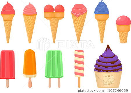 big kit ice cream popsicle different types in cone waffle cup 107246069