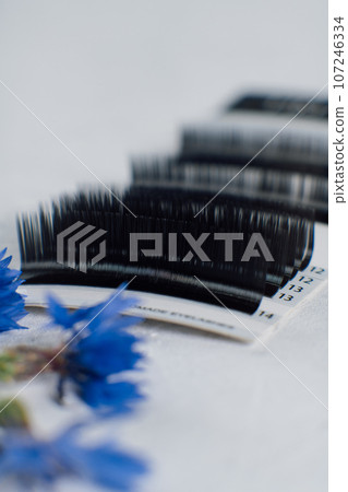 Set of different length, shape, thickness of eyelashes for extension on white background. Concept of beauty. 107246334