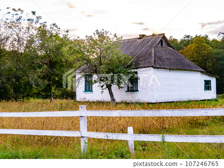 Beautiful old abandoned building farm house in countryside on natural background Beautiful old abandoned building farm house in countryside on natural background 107246765