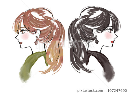 Illustration of a woman with back-to-back ponytails Illustration of a woman with back-to-back ponytails 107247690