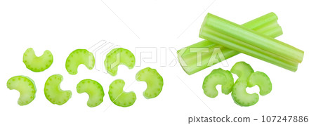 fresh celery isolated on white background with copy space for your text.Top view. Flat lay fresh celery isolated on white background with copy space for your text.Top view. Flat lay 107247886