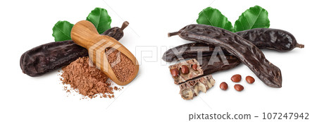 Carob pod and powder in wooden scoop isolated on white background with full depth of field. Carob pod and powder in wooden scoop isolated on white background with full depth of field. 107247942