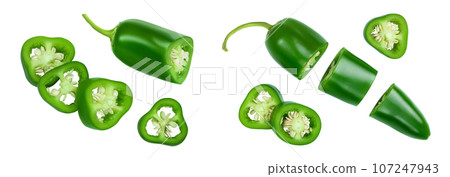 jalapeno peppers isolated on white background. Green chili pepper . Top view. Flat lay 107247943