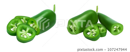 jalapeno peppers isolated on white background. Green chili pepper with full depth of field. jalapeno peppers isolated on white background. Green chili pepper with full depth of field. 107247944