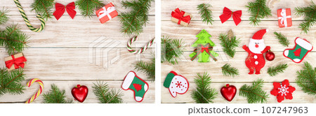 Christmas frame made of fir branches decorated with candy canes and boxes on a light wooden background Christmas frame made of fir branches decorated with candy canes and boxes on a light wooden background 107247963