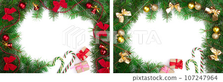 Christmas frame decorated with red bows and balls isolated on white background with copy space for your text. Top view Christmas frame decorated with red bows and balls isolated on white background with copy space for your text. Top view 107247964