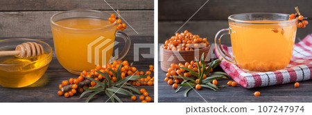 Tea of sea-buckthorn berries with honey and a branch on wooden background 107247974