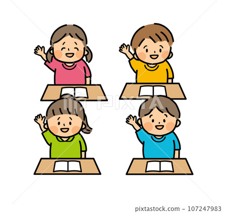 Children raising their hands to make a presentation during class Children raising their hands to make a presentation during class 107247983
